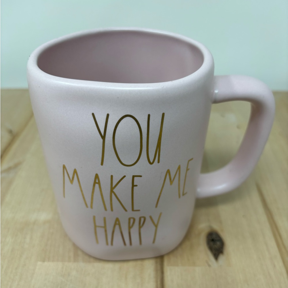 Rae Dunn YOU MAKE ME HAPPY Mug Pink with Gold Lettering Ceramic New